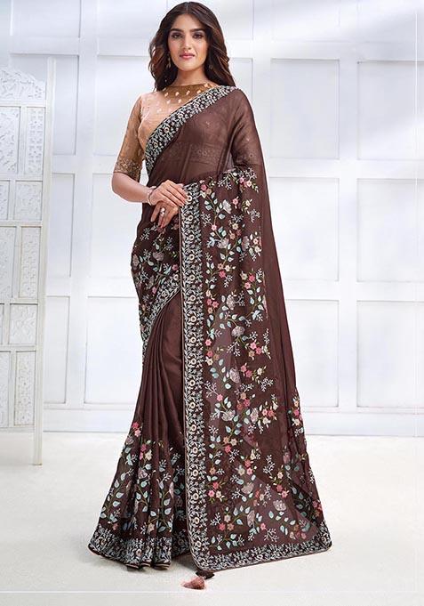 Brown Sequin Embroidered Georgette Silk Saree Set