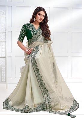 Off White Sequin Embroidered Net Organza Saree Set
