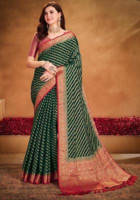 Green Zari Woven Georgette Saree Set