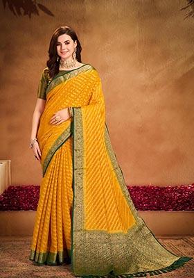 Yellow Zari Woven Georgette Saree Set
