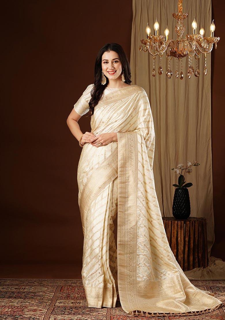 Cream Zari Woven Satin Silk Saree Set