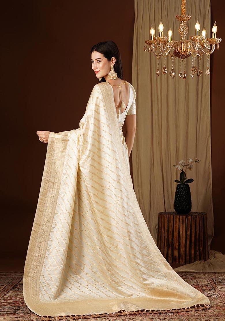 Cream Zari Woven Satin Silk Saree Set