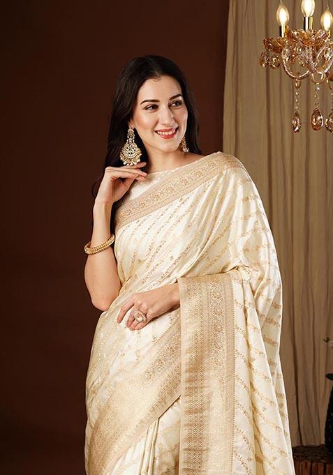 Cream Zari Woven Satin Silk Saree Set
