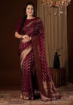 Maroon Zari Woven Satin Silk Saree Set