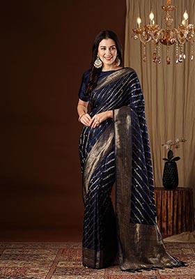 Navy Blue Zari Woven Satin Silk Saree Set