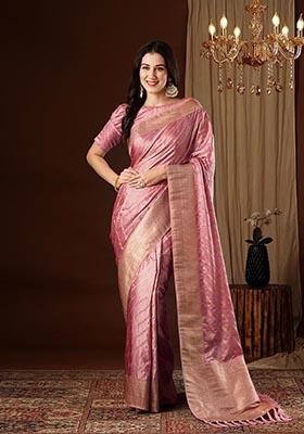 Peach Zari Woven Satin Silk Saree Set