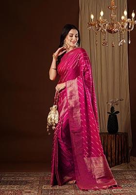 Pink Zari Woven Satin Silk Saree Set