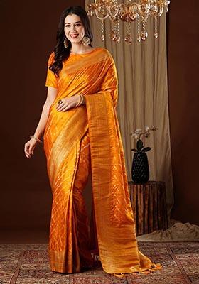 Yellow Zari Woven Satin Silk Saree Set