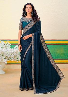 Peacock Blue Zari Woven Georgette Saree Set