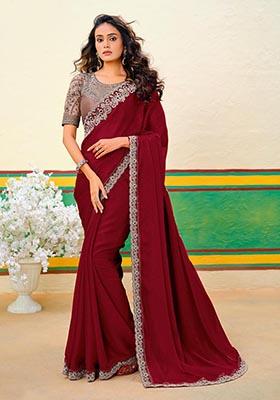 Maroon Zari Woven Georgette Saree Set