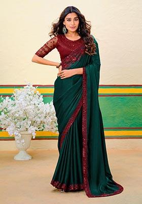 Dark Green Zari Woven Georgette Saree Set
