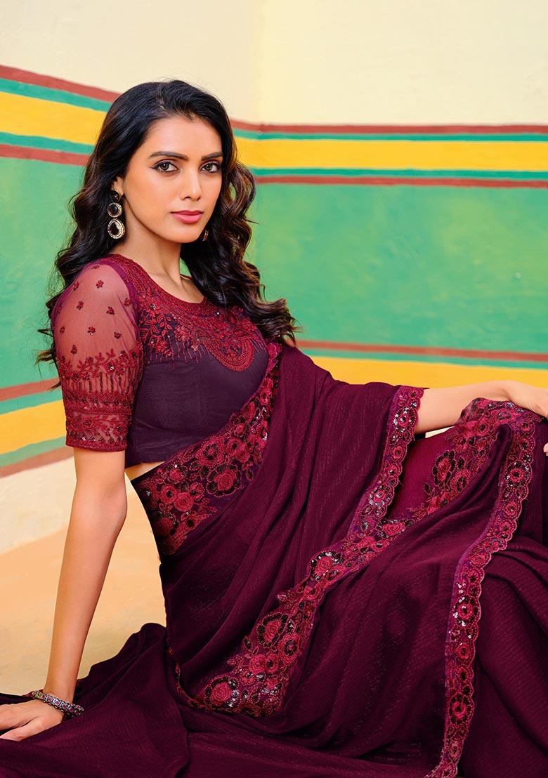 Maroon Zari Woven Georgette Saree Set