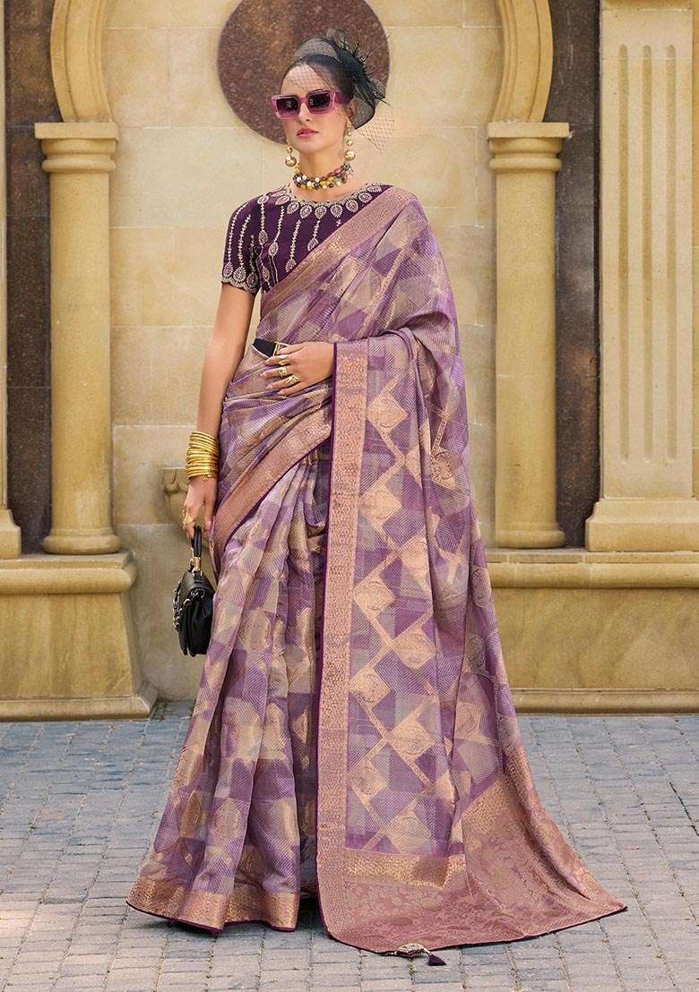 Purple Zari Woven Jacquard Silk Saree Set - Indya