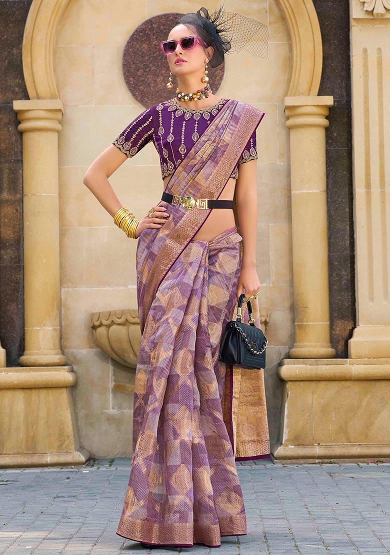Purple Zari Woven Jacquard Silk Saree Set