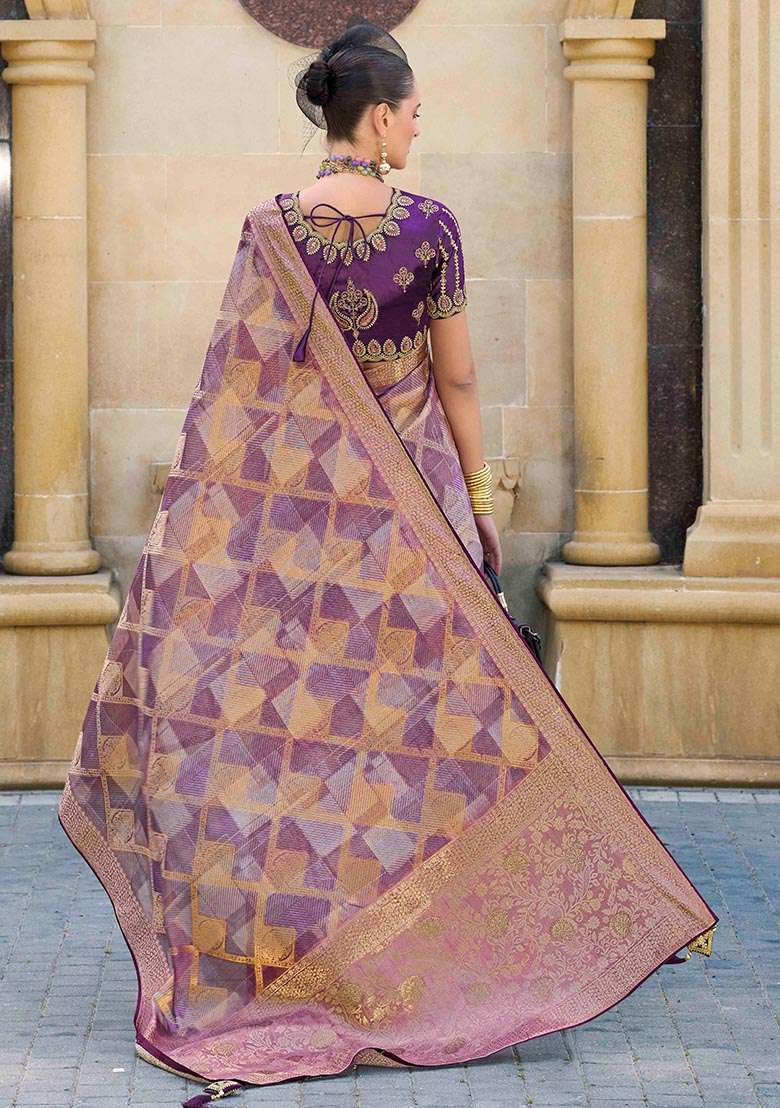Purple Zari Woven Jacquard Silk Saree Set - Indya