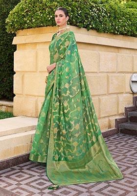 Green Zari Woven Jacquard Silk Saree Set