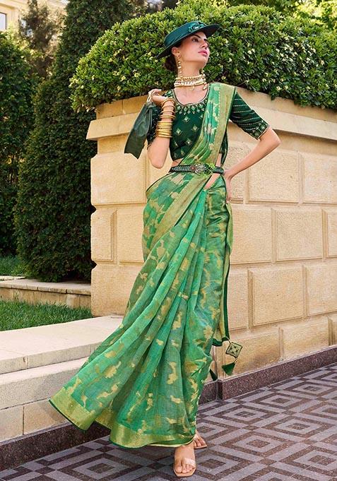 Green Zari Woven Jacquard Silk Saree Set