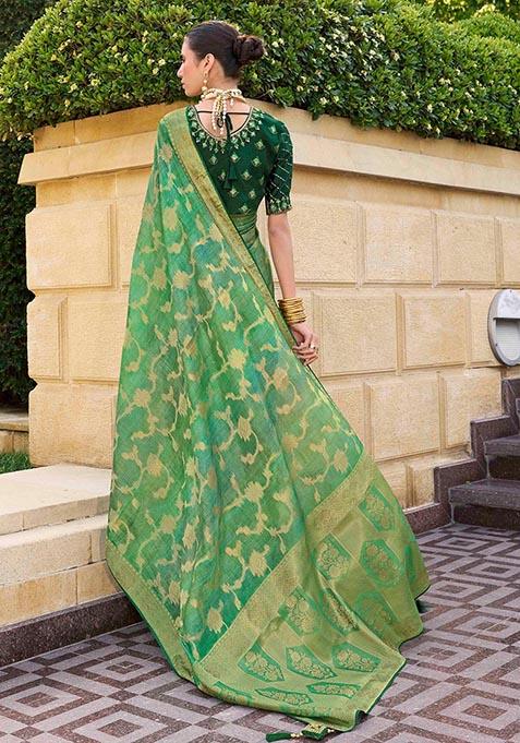 Green Zari Woven Jacquard Silk Saree Set