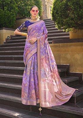 Lavender Zari Woven Jacquard Silk Saree Set
