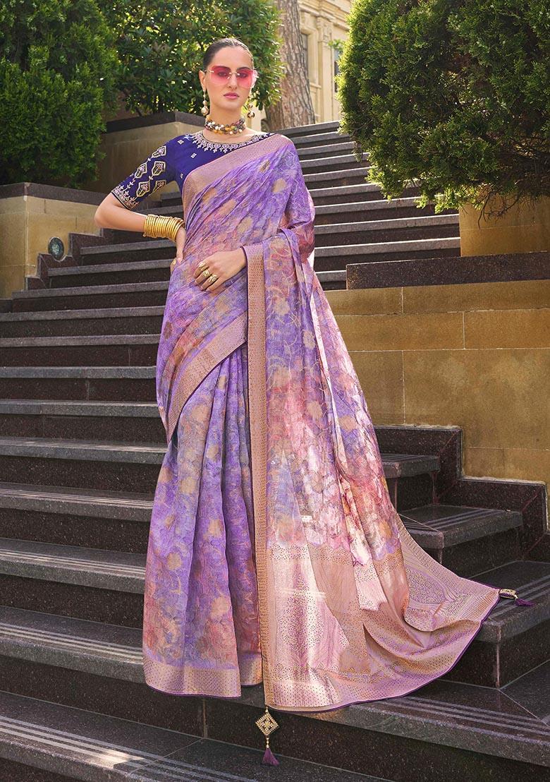 Lavender Zari Woven Jacquard Silk Saree Set