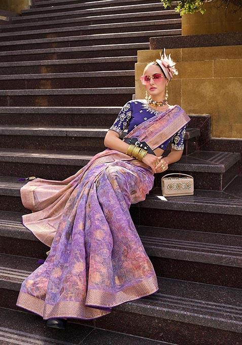 Lavender Zari Woven Jacquard Silk Saree Set