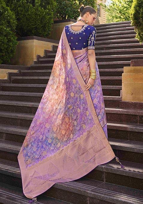 Lavender Zari Woven Jacquard Silk Saree Set