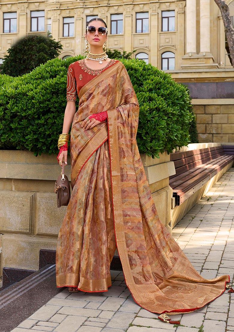Rust Orange Zari Woven Jacquard Silk Saree Set