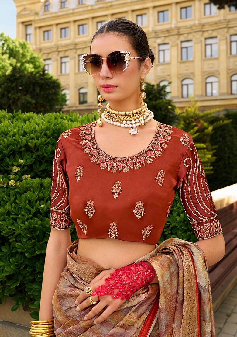 Rust Orange Zari Woven Jacquard Silk Saree Set