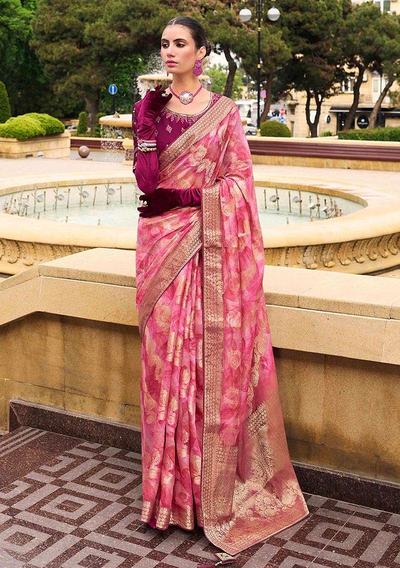 Pink Zari Woven Jacquard Silk Saree Set - Indya