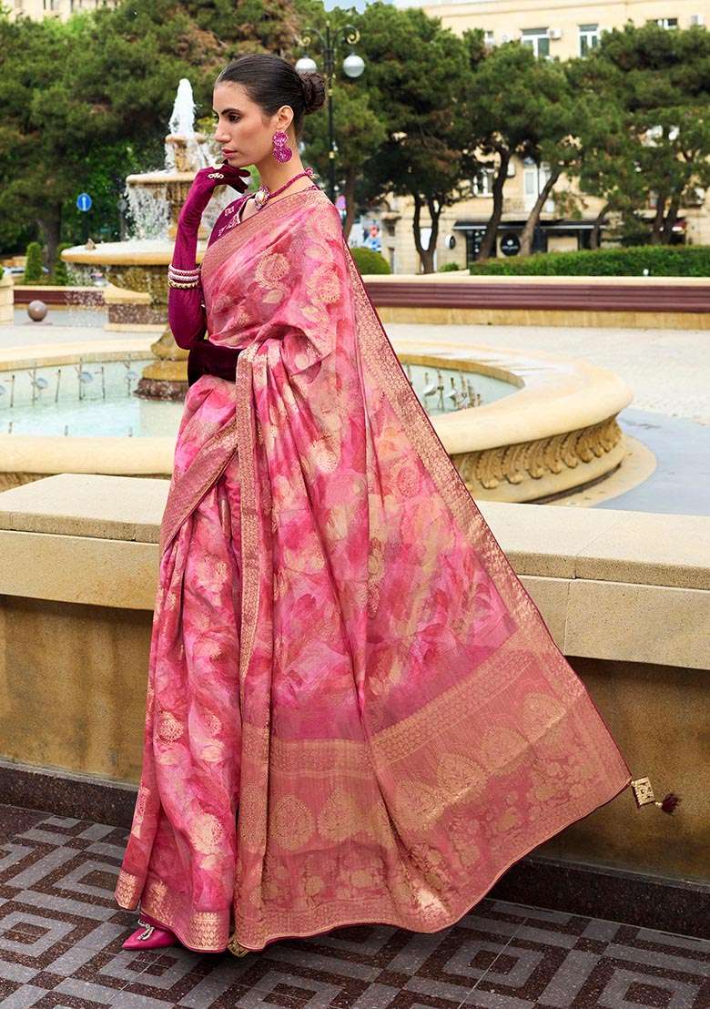 Pink Zari Woven Jacquard Silk Saree Set - Indya