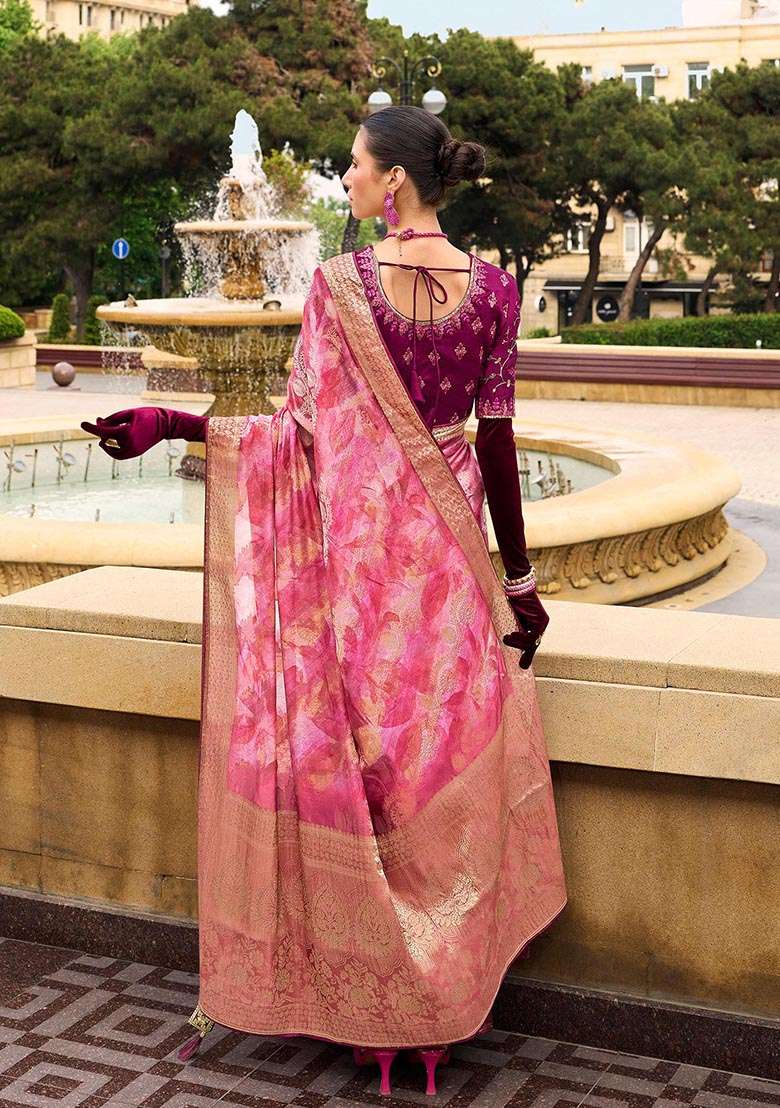 Pink Zari Woven Jacquard Silk Saree Set - Indya