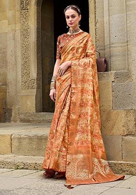 Orange Zari Woven Jacquard Silk Saree Set