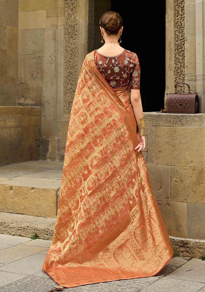 Orange Zari Woven Jacquard Silk Saree Set