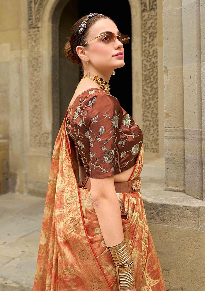 Orange Zari Woven Jacquard Silk Saree Set