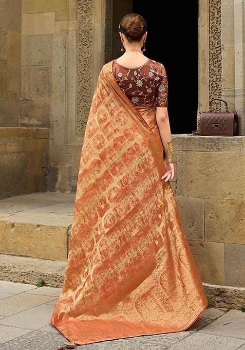 Orange Zari Woven Jacquard Silk Saree Set