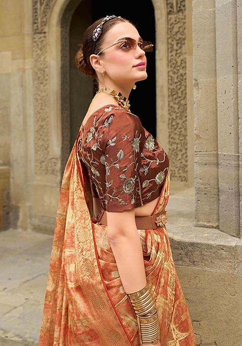 Orange Zari Woven Jacquard Silk Saree Set