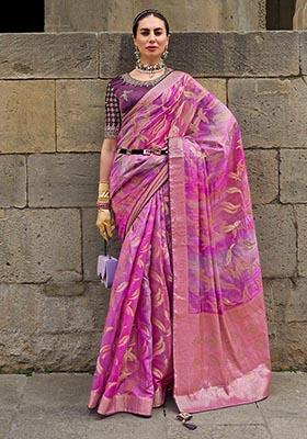 Pink Zari Woven Jacquard Silk Saree Set