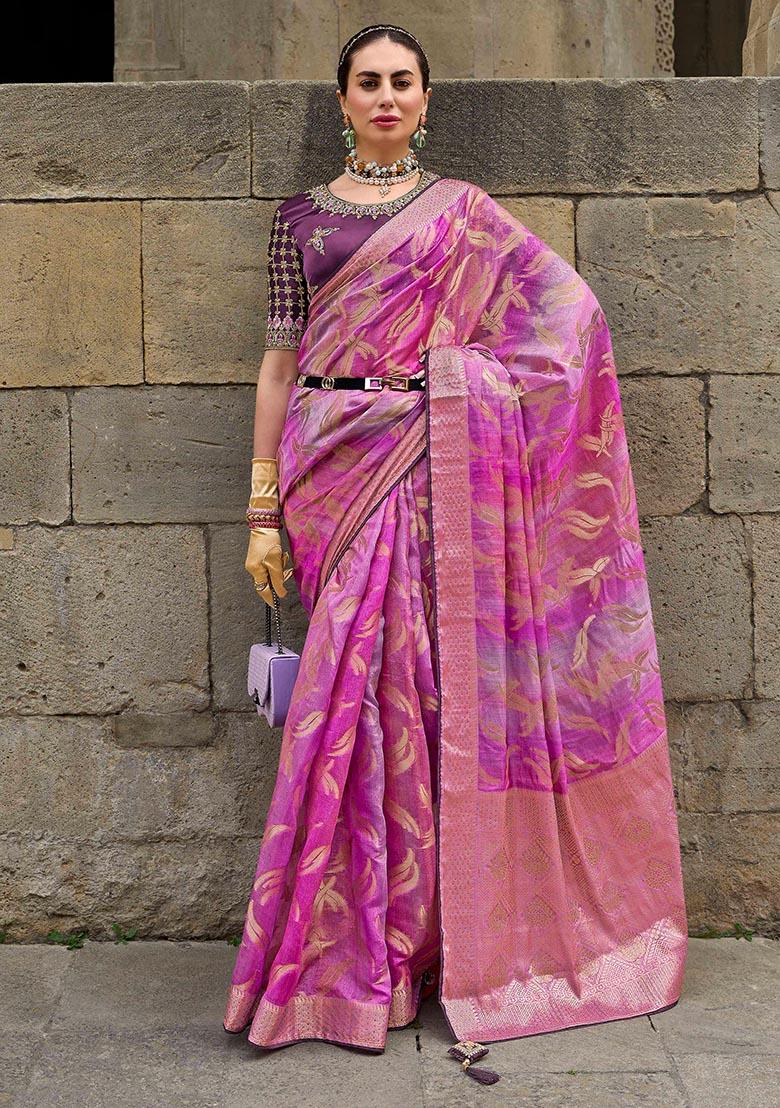 Pink Zari Woven Jacquard Silk Saree Set