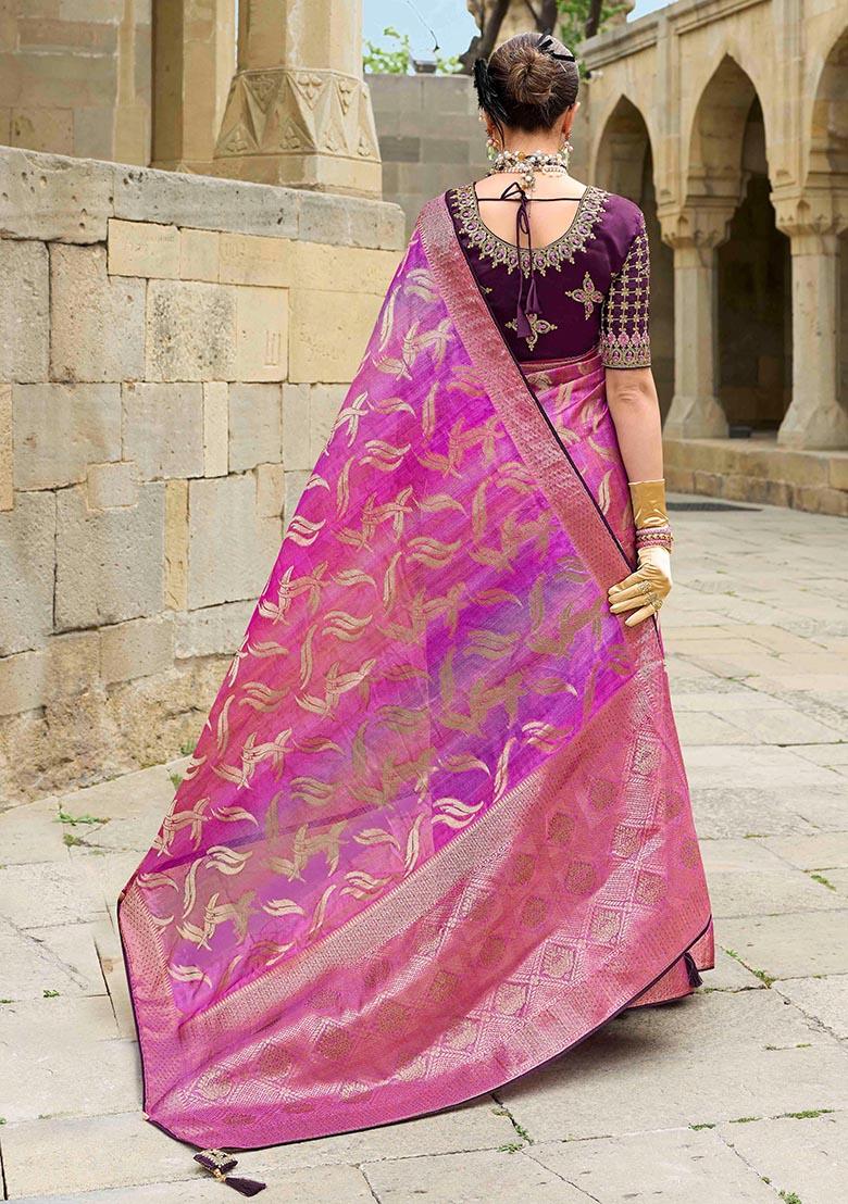 Pink Zari Woven Jacquard Silk Saree Set