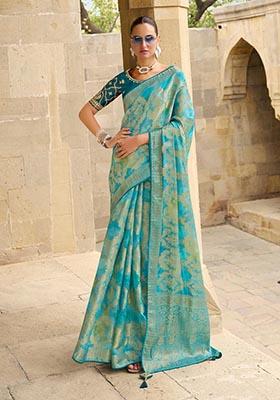 Sea Green Zari Woven Jacquard Silk Saree Set