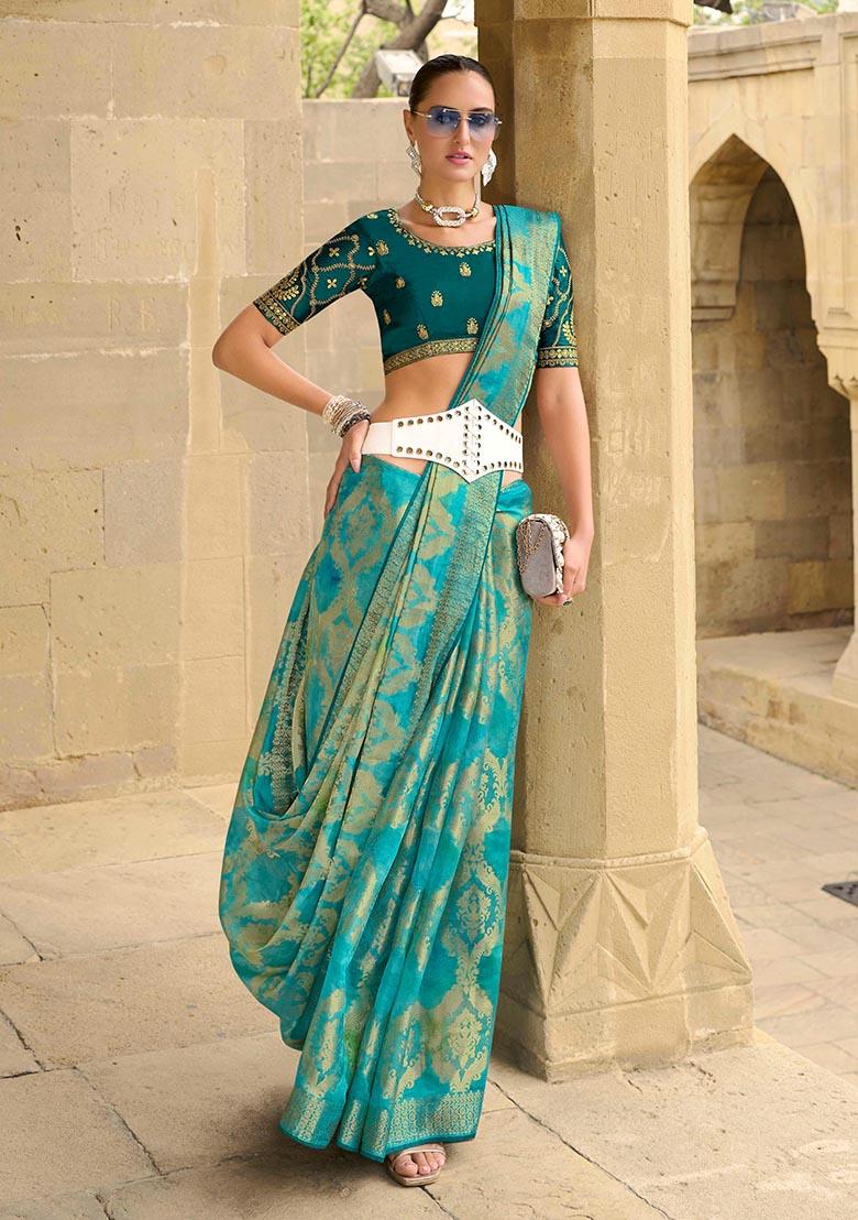 Sea Green Zari Woven Jacquard Silk Saree Set