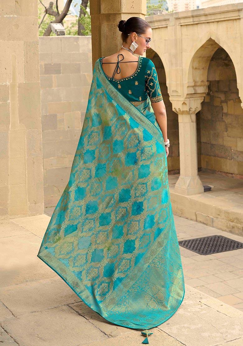 Sea Green Zari Woven Jacquard Silk Saree Set