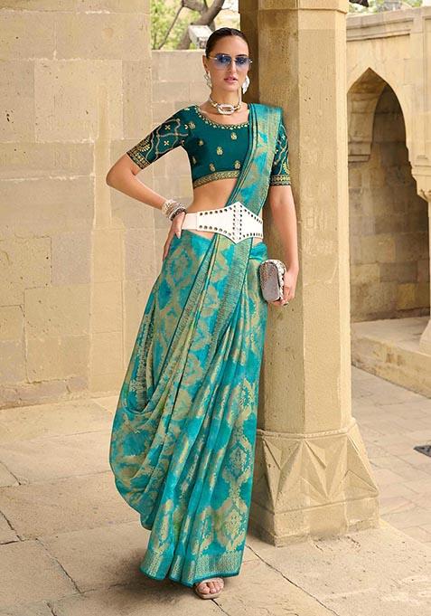Sea Green Zari Woven Jacquard Silk Saree Set