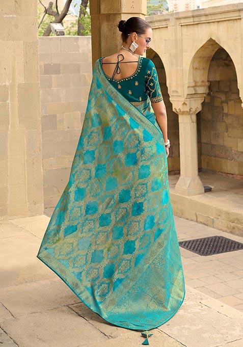 Sea Green Zari Woven Jacquard Silk Saree Set