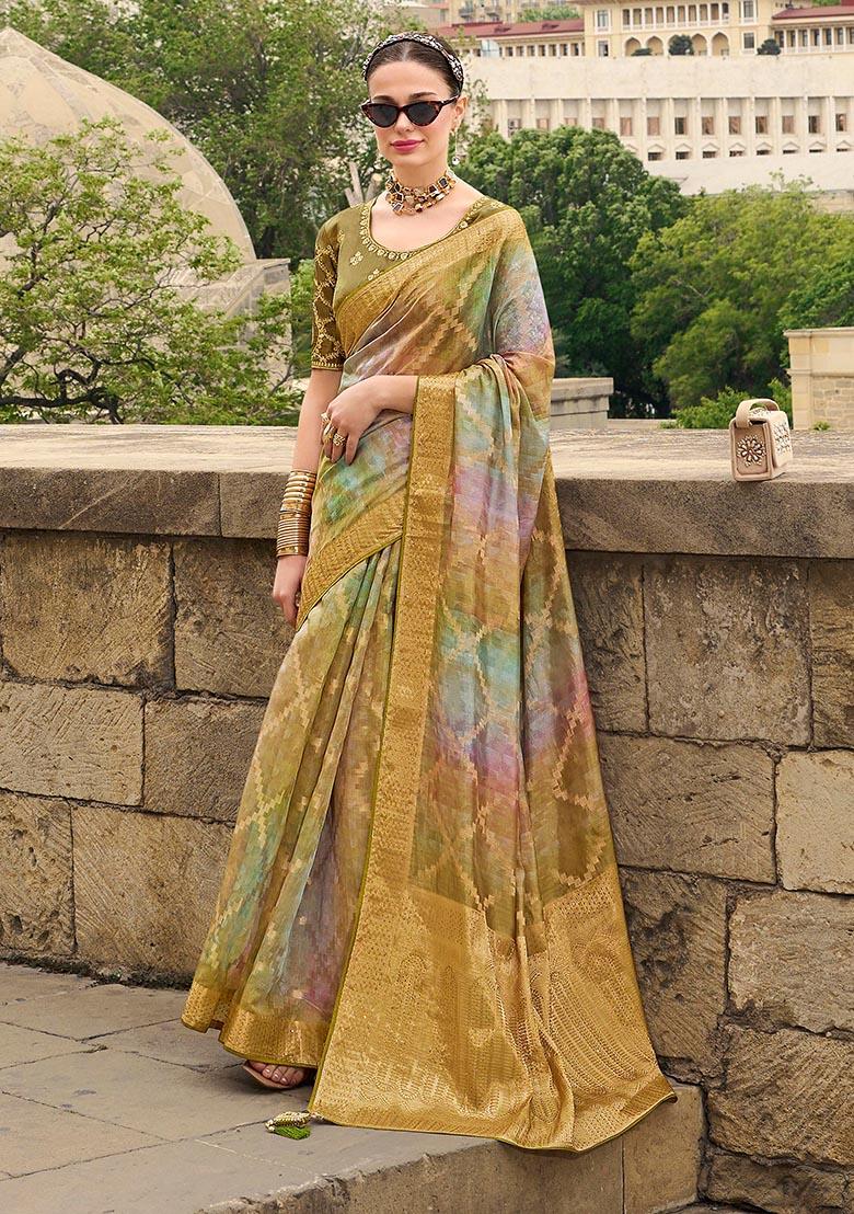 Avocado Green Zari Woven Jacquard Silk Saree Set