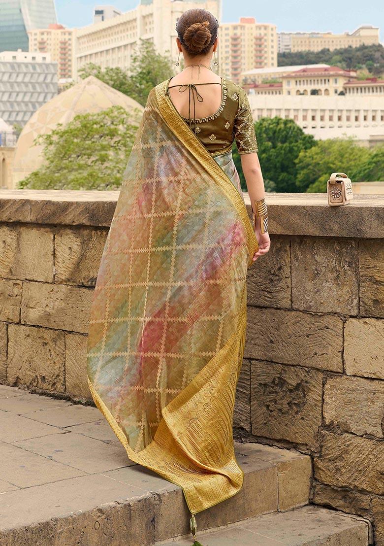 Avocado Green Zari Woven Jacquard Silk Saree Set