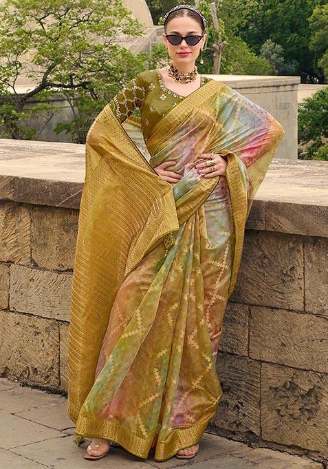 Avocado Green Zari Woven Jacquard Silk Saree Set