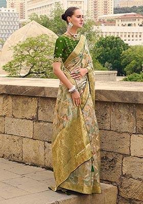 Green Zari Woven Jacquard Silk Saree Set