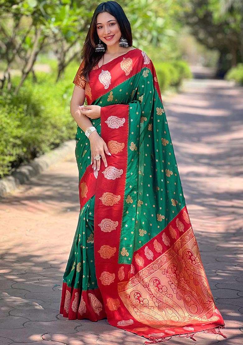 Green Zari Woven Soft Silk Saree Set - Indya