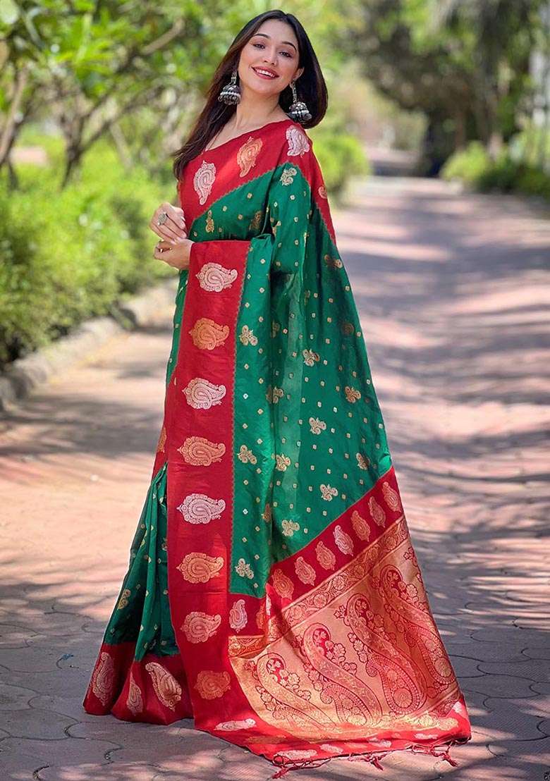 Green Zari Woven Soft Silk Saree Set - Indya